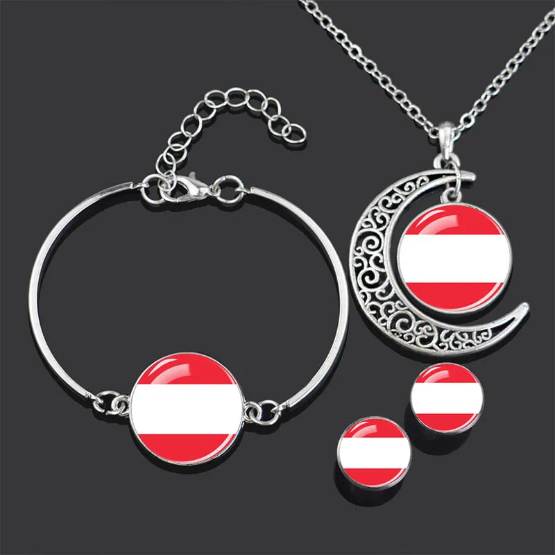 Bracelet Necklace Earrings Jewelry Set Czech Republic Flag Glass Cabochon European Countries Flag Necklace Set for Women Gifts