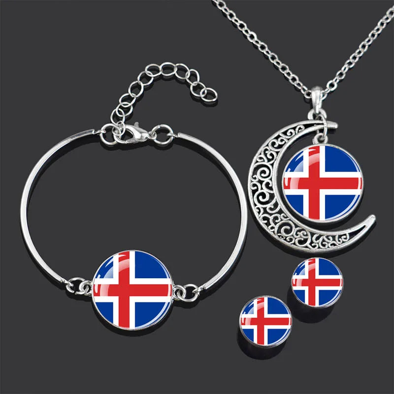 Bracelet Necklace Earrings Jewelry Set Czech Republic Flag Glass Cabochon European Countries Flag Necklace Set for Women Gifts