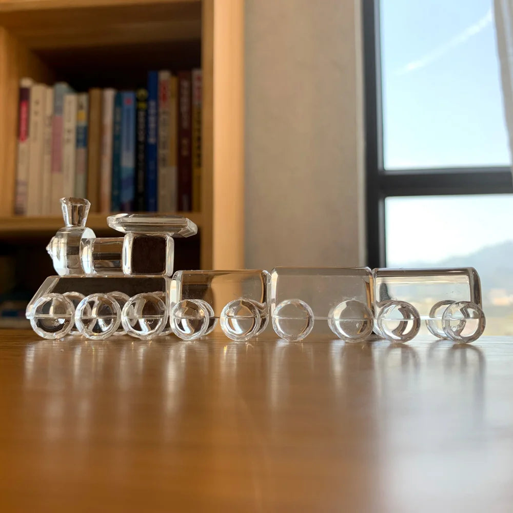 Crystal Train Figurine Glass Locomotive Train Ornament Craft Creative Moving Train Paperweight Home Decor Kids Christmas Gifts