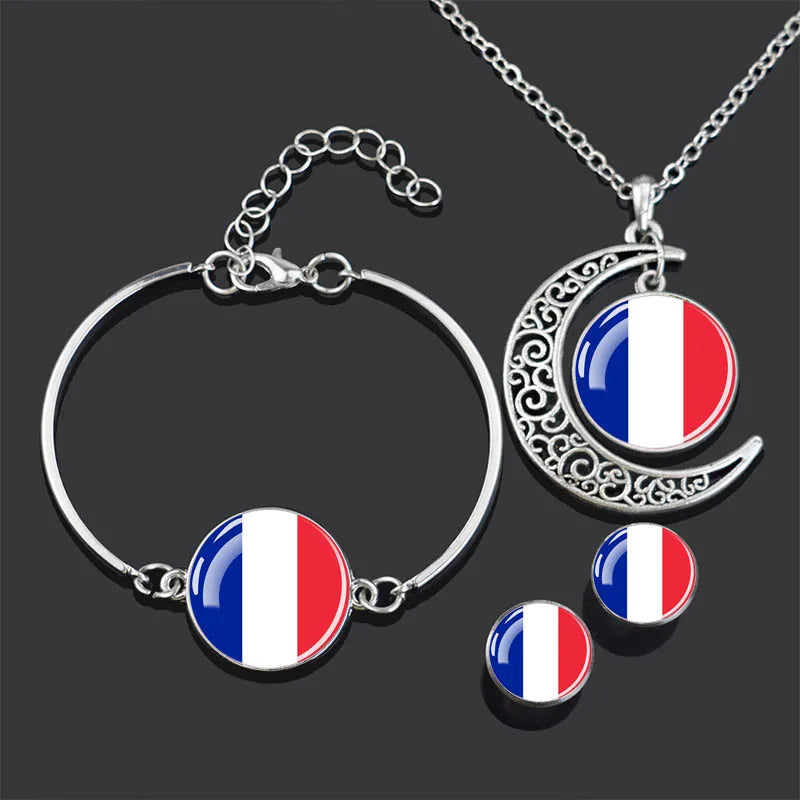 Bracelet Necklace Earrings Jewelry Set Czech Republic Flag Glass Cabochon European Countries Flag Necklace Set for Women Gifts