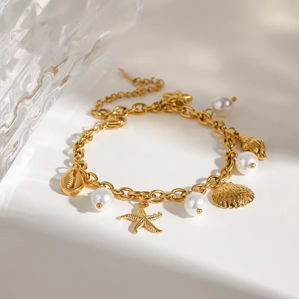 SW3-PAN22 18K Gold PVD Plated Stainless Steel Pearl Shell Starfish Charm Bracelet Bangle Women Waterproof Beach
