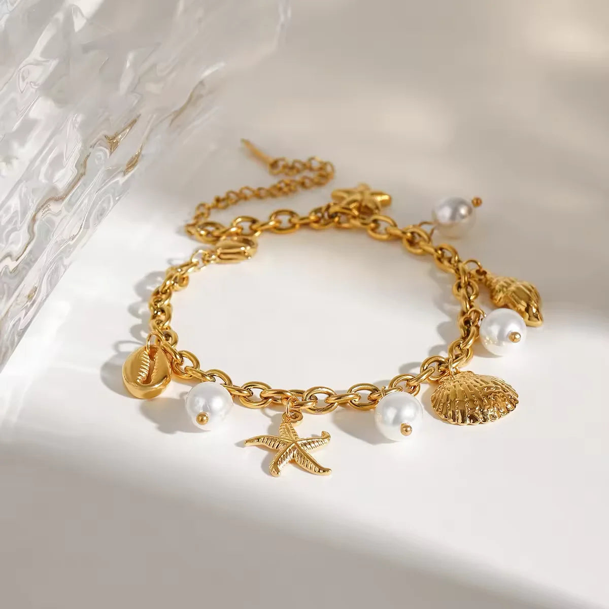 SW3-PAN22 18K Gold PVD Plated Stainless Steel Pearl Shell Starfish Charm Bracelet Bangle Women Waterproof Beach