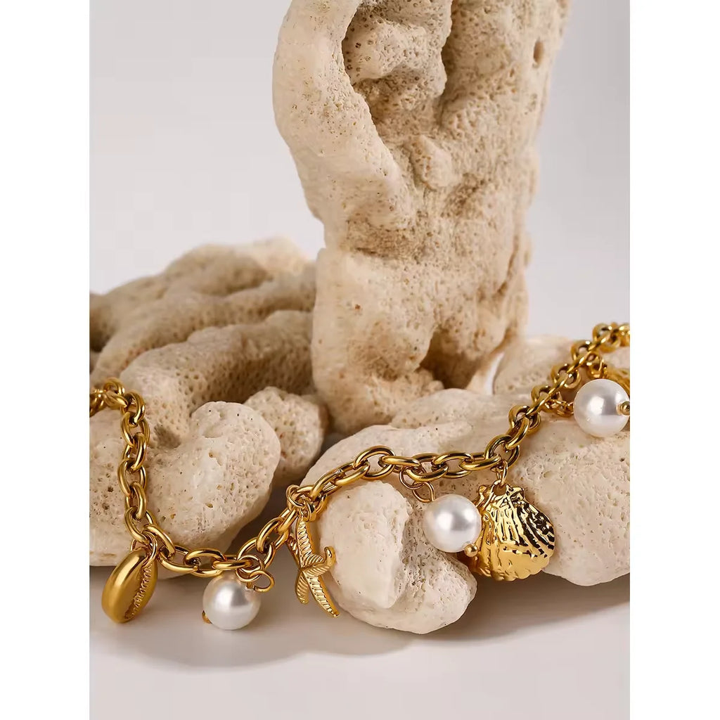 SW3-PAN22 18K Gold PVD Plated Stainless Steel Pearl Shell Starfish Charm Bracelet Bangle Women Waterproof Beach