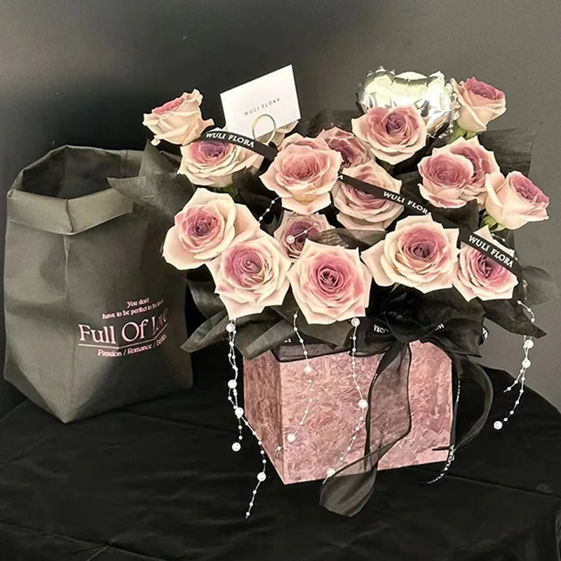 Luxury Pink Rose Bouquet in Exquisite Box with DecorationsRomantic Valentine's Day Bouquet