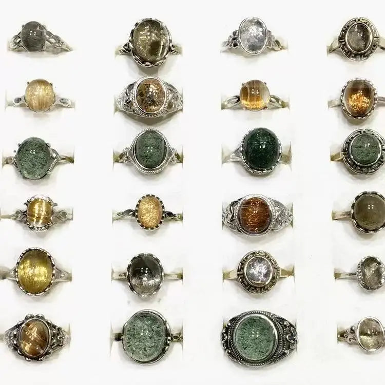 925 Sterling Silver Fashion Healing Crystal Gemstone Jewelry Gold Rutilated Quartz Ring