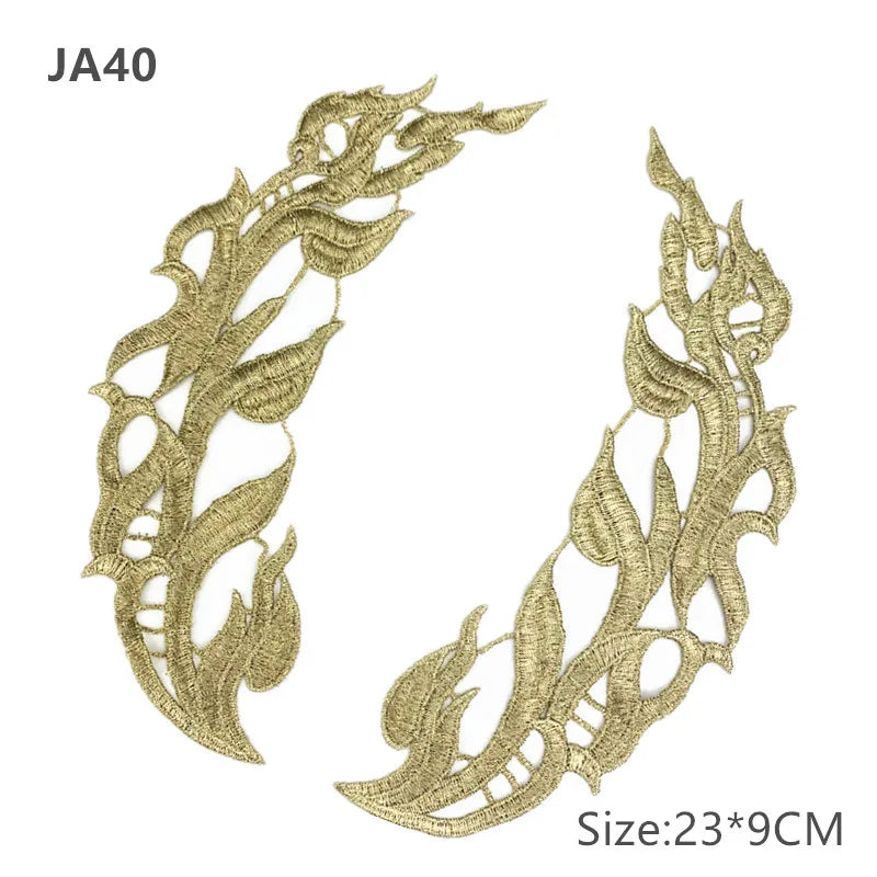 zsbszc Mirror Pair Embroidered patches Golden Guipure Lace Sewing lace for dress Applique DIY Bridal Headdres Lace Collar JA104