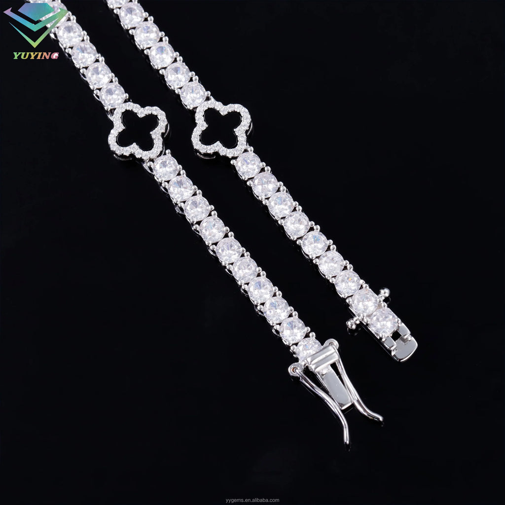 Lucky Four Leaf Clover Tennis Bracelet Hip Hop Jewelry 3mm 4mm 5mm S925 Silver Iced Out Moissanite Clover Tennis Bracelet