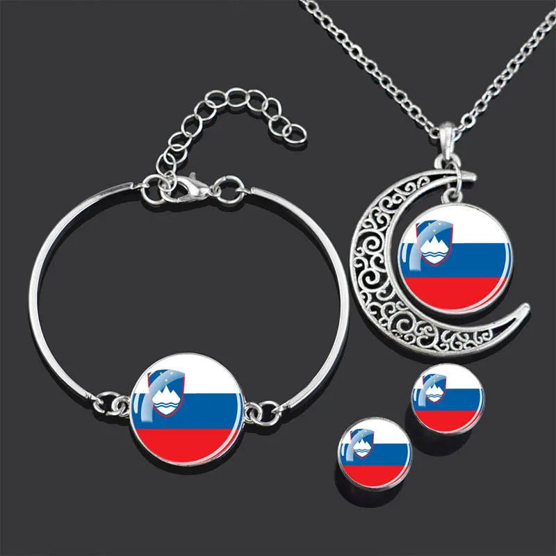 Bracelet Necklace Earrings Jewelry Set Czech Republic Flag Glass Cabochon European Countries Flag Necklace Set for Women Gifts