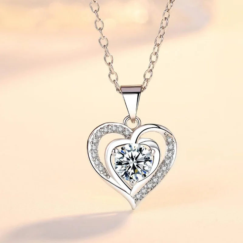KOFSAC New Luxury Crystal CZ Heart Pendant Choker Necklace 925 Sterling Silver Chain Necklaces For Women Wedding Jewelry Gifts