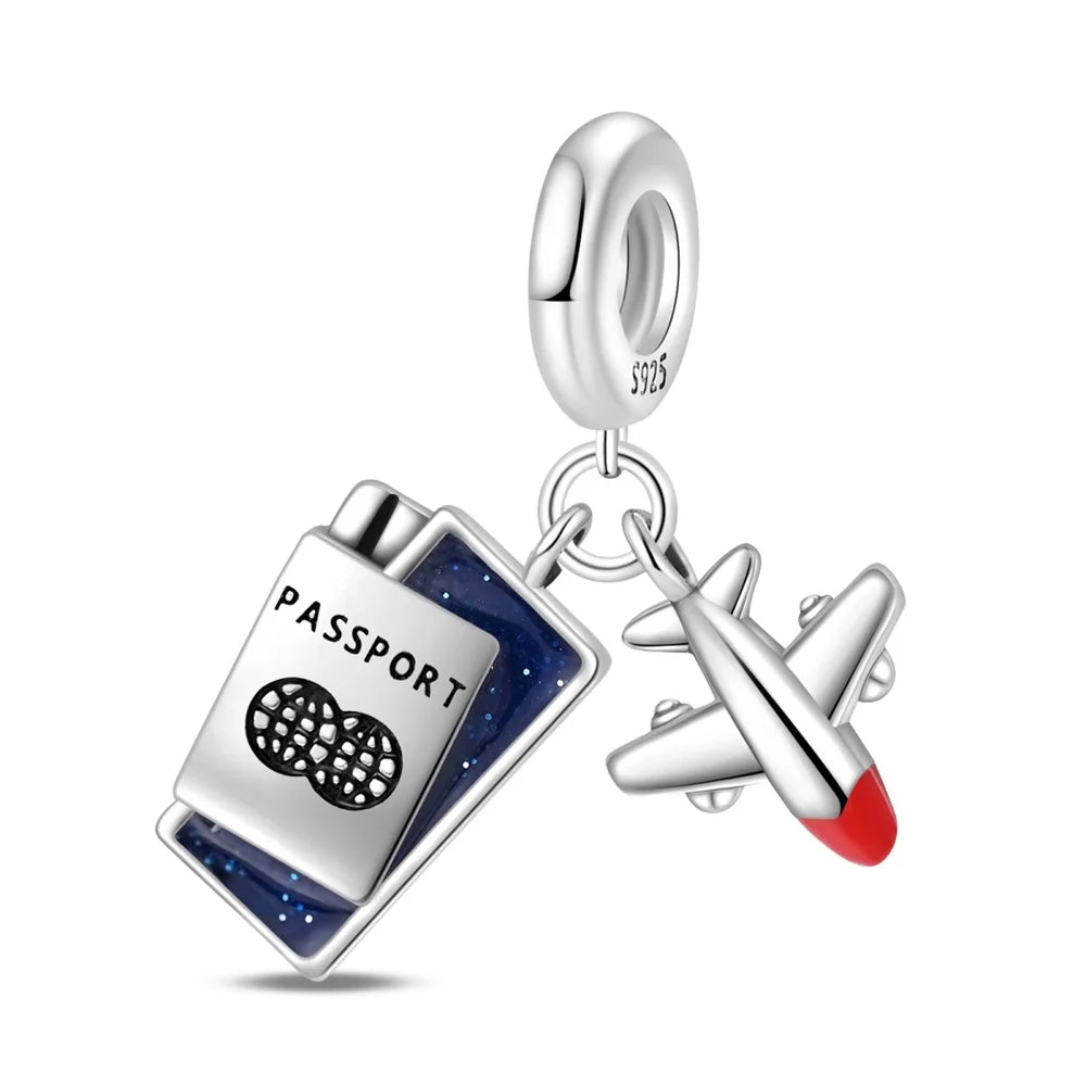 Travel Series S925 Sterling Silver Airplane Passport Earth Necklace Pendant Pink Suitcase Beads Suitable for Original Bracelet