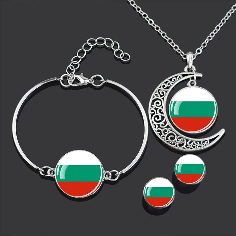 Bracelet Necklace Earrings Jewelry Set Czech Republic Flag Glass Cabochon European Countries Flag Necklace Set for Women Gifts