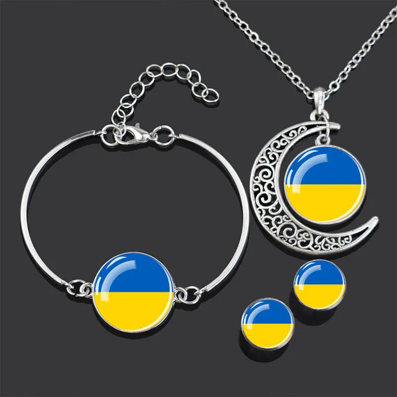 Bracelet Necklace Earrings Jewelry Set Czech Republic Flag Glass Cabochon European Countries Flag Necklace Set for Women Gifts