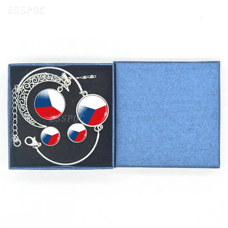 Bracelet Necklace Earrings Jewelry Set Czech Republic Flag Glass Cabochon European Countries Flag Necklace Set for Women Gifts