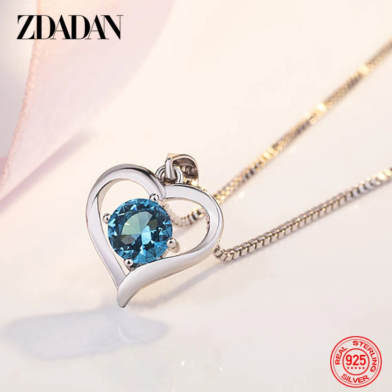 ZDADAN 925 Sterling Silver Heart Blue Crystal Necklace For Women Charm Party Jewelry Accessory