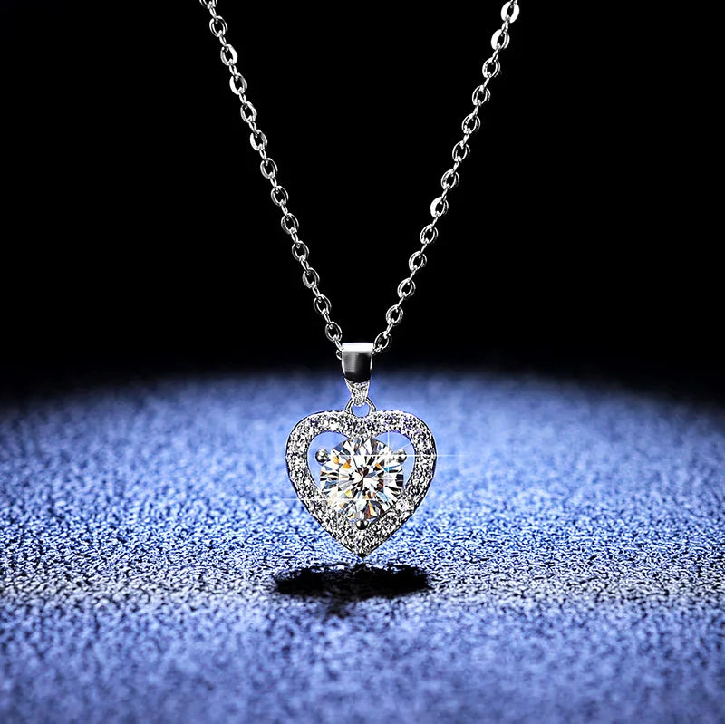 Silver 925 Original Diamond Test Past Brilliant Cut 1 Carat D Color Moissanite Heart Shape Pendant Necklace Gemstone Jewelry