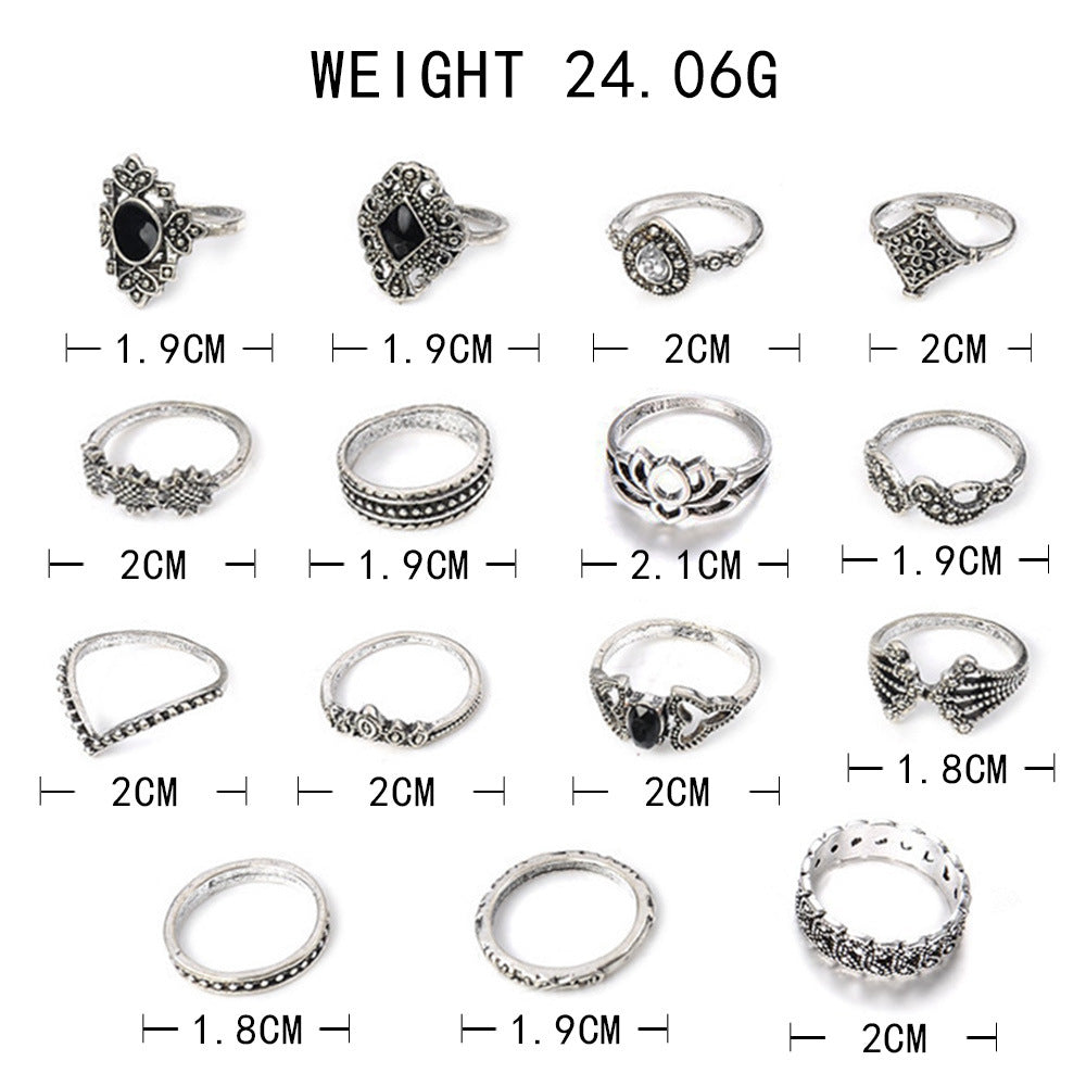 Cross-Border Supply Bohemian Retro Ancient Silver Lotus Women's New Personalized Ring 15-Piece Set
