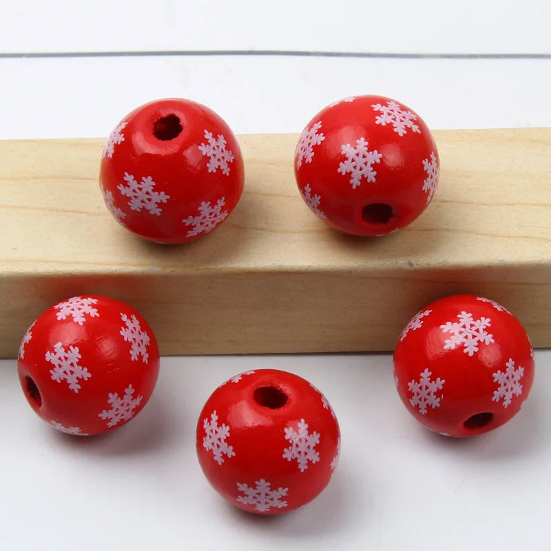Round Balls Red Green Wooden Beads 15mm Cartoon Tree Letter Pattern Halloween Christmas Beads For Jewelry Making DIY Accessories