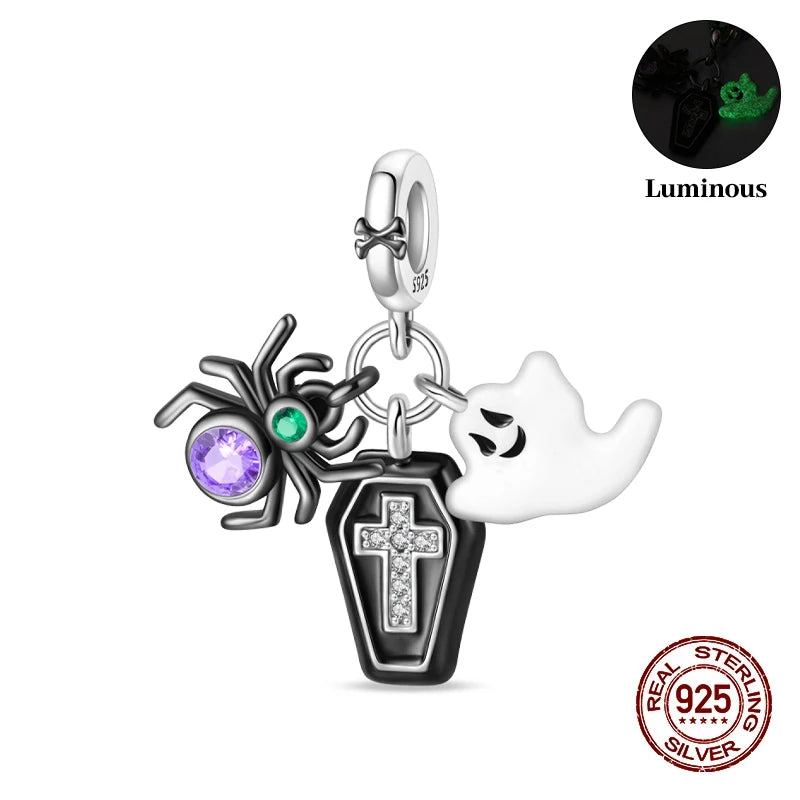2025 Hot Sale Halloween Charms Bead 925 Sterling Silver Luminous Pumpkin Ghost Dangle Fit Bangle Bracelet Necklace DIY Jewelry