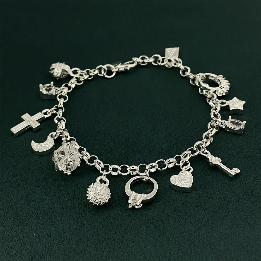 925 Sterling Silver 13 Pendant Bracelet, Ladies Couple Simple Luxury Banquet Wedding Birthday Jewelry Gift