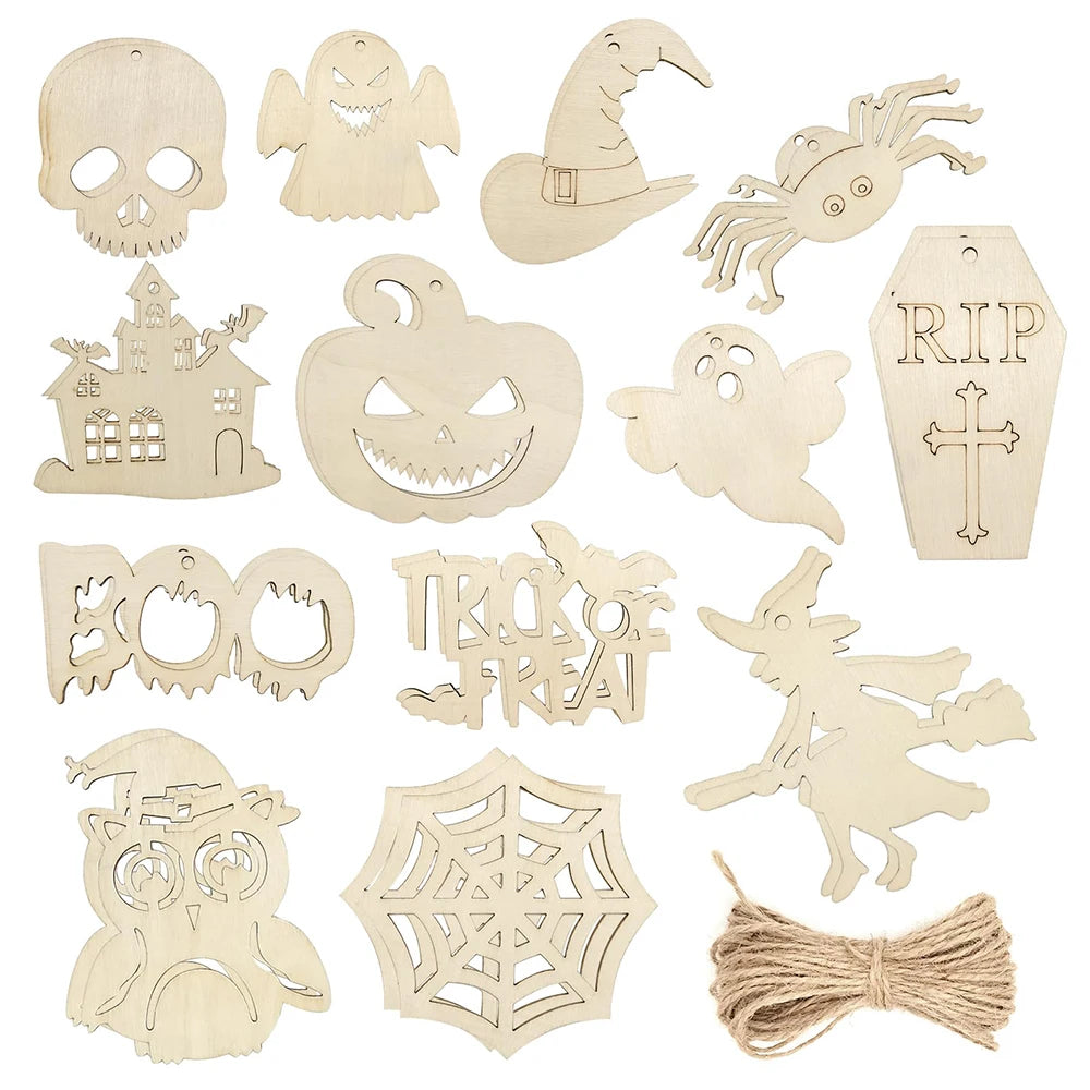 10pcs Halloween Unfinished Wooden DIY Paintings Pumpkin Head Witch Spider Cutout Ornaments Ghost Shapes Wooden Slices Hanging