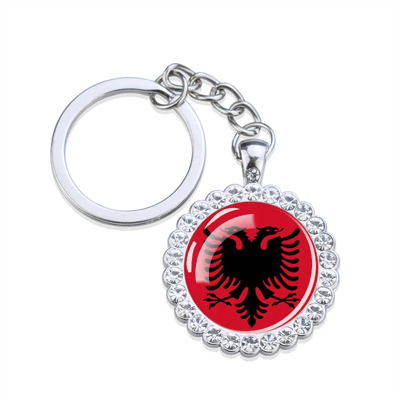 Europe National Flag Keychains Glass Dome Rhinestone Pendant Key Chains Albania Spain Ukraine Russia France Germany Flag Keyring
