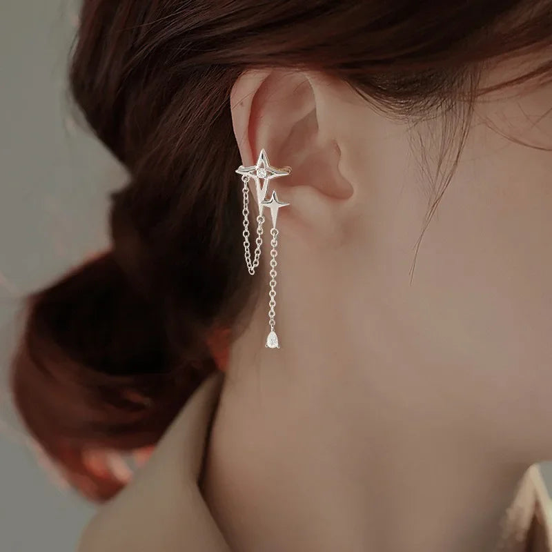 Korean Exquisite Zircon Star Ear Clip for Women Without Piercing Long Tassel Sweet Ear Cuff Clip Earrings Wedding Jewelry Gift