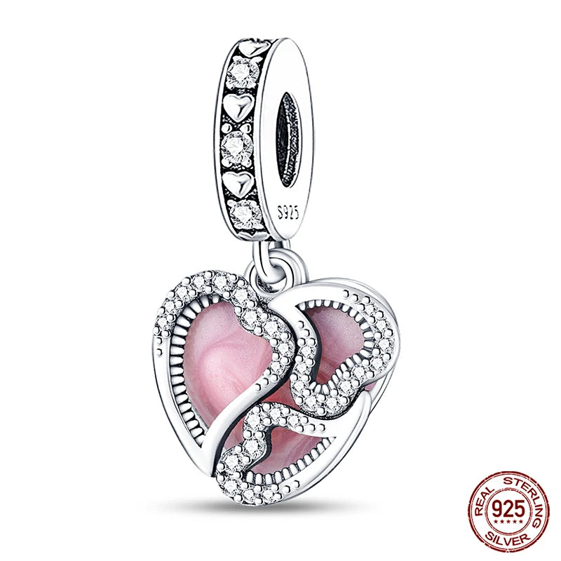 Real 925 Sterling Silver Pink Series Heart Charms Beads Fit Qikaola 925 Original Bracelets DIY Mother's Day Jewelry Gift For Mom