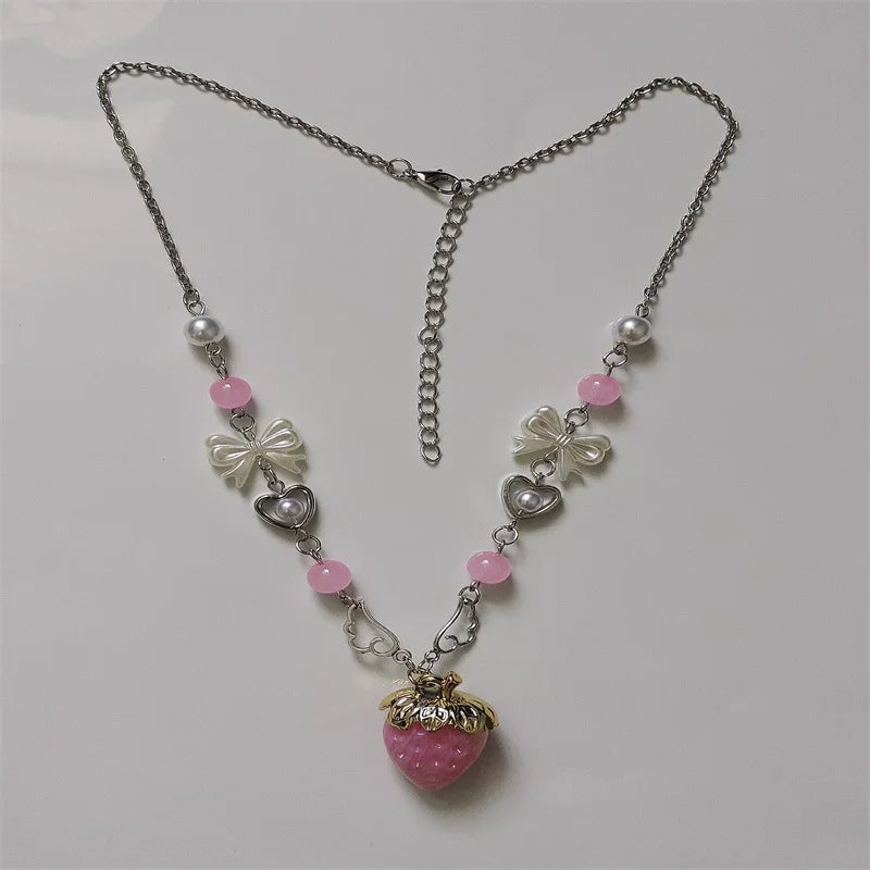 Nana anime Strawberry necklace, Hachi Y2k Gift for Her or girlfriend, pink and white, cute harjuku fashion