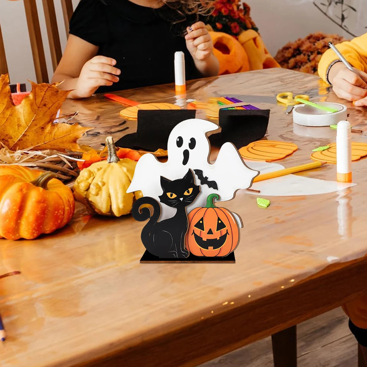 Halloween Wooden Decor - Ghost, Black Cat and Pumpkin Figurine for Home Party Ornament