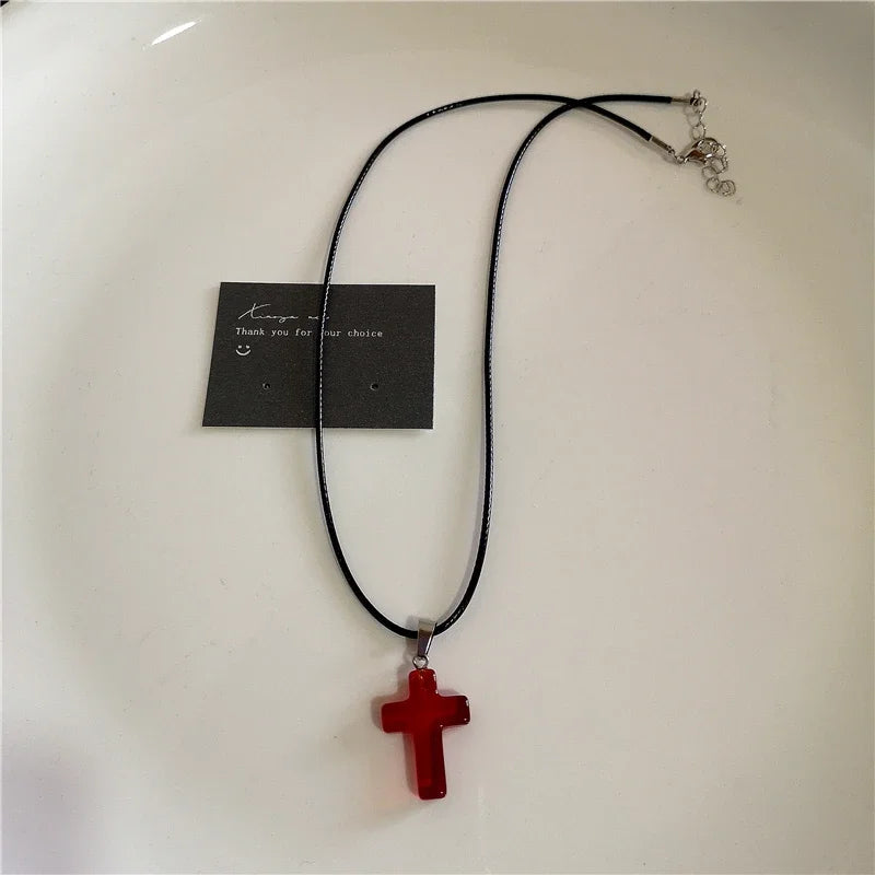 Punk Gothic Red Glass Cross Heart Pendant Pearl Necklace For Women Men Hip Hop Y2K 90s Short Choker Charms Jewelry Accessories