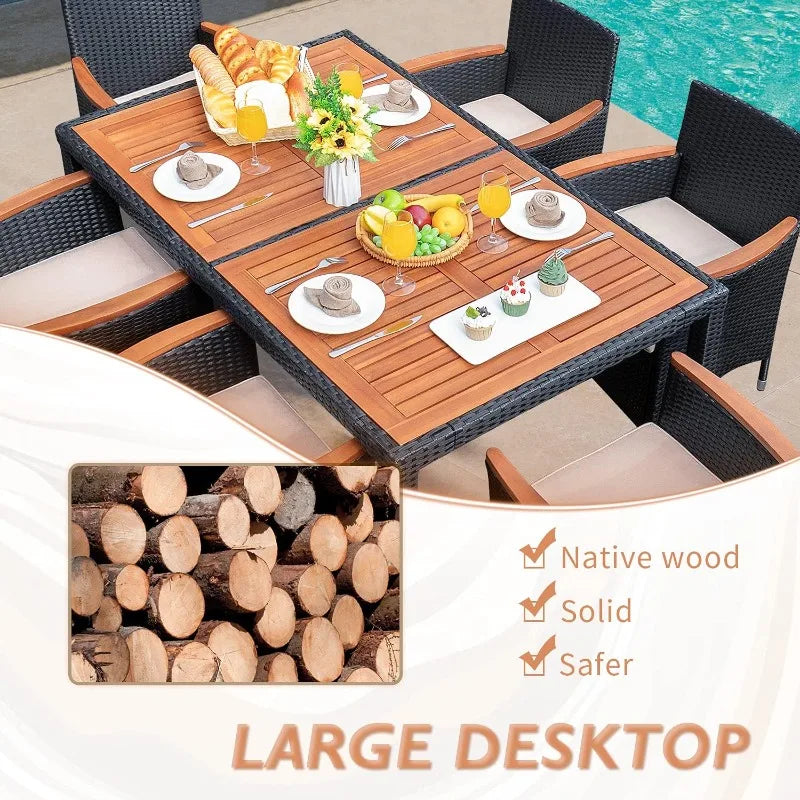 7 PCS Outdoor Patio Dining Set, Outdoor Patio Furniture Set, Rattan Chairs With Large Wood Table For Garden And Yard