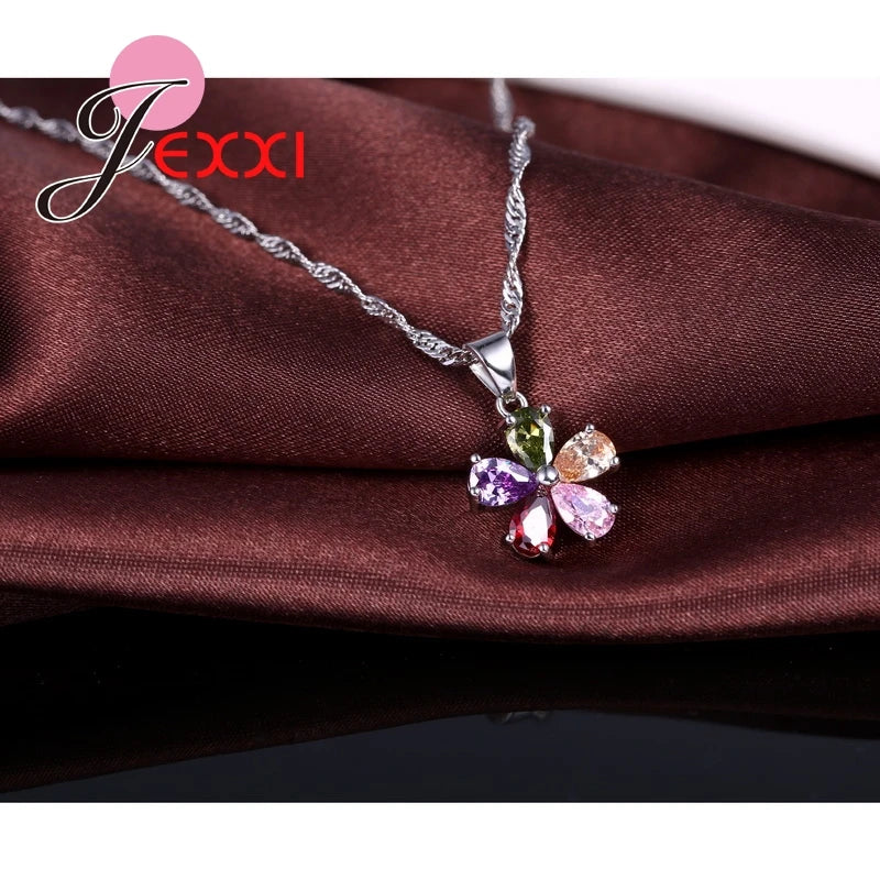 Shinning Flower Colorful CZ Crystal Pendant Jewelry Sets 925 Sterling Silver Pendant Necklace + Dangle/Hoop Earring Sets
