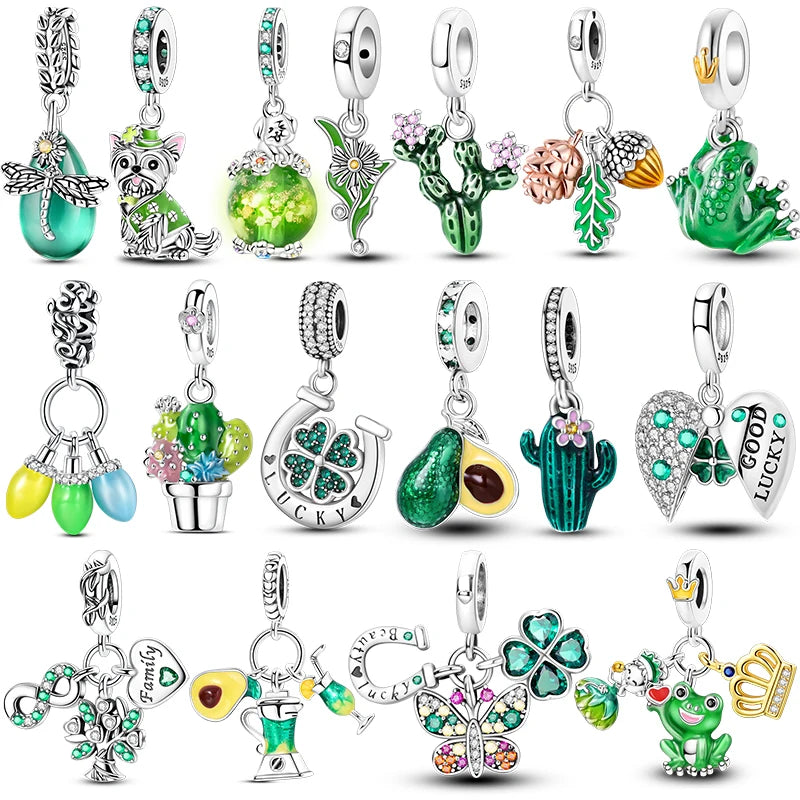New 925 Sterling Silver Cactus Four Leaf Clover Charm Spring Green Series Bead Pendant For Original Beads Bracelet DIY Jewelry
