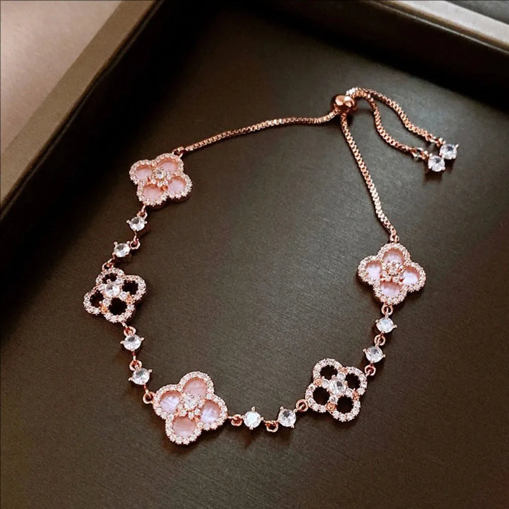 Crystal-encrusted Flower Adjustable Bracelet Fashionable And Exquisite Wristband Light Luxury High-end Jewelry