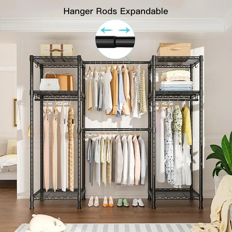 Ulif E7 Garment Rack, Heavy Duty Clothes Storage System with Extendable Hangers Rods, Metal Clothe Rack with 6 Wire Shelves, (52