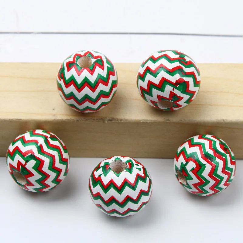 Round Balls Red Green Wooden Beads 15mm Cartoon Tree Letter Pattern Halloween Christmas Beads For Jewelry Making DIY Accessories
