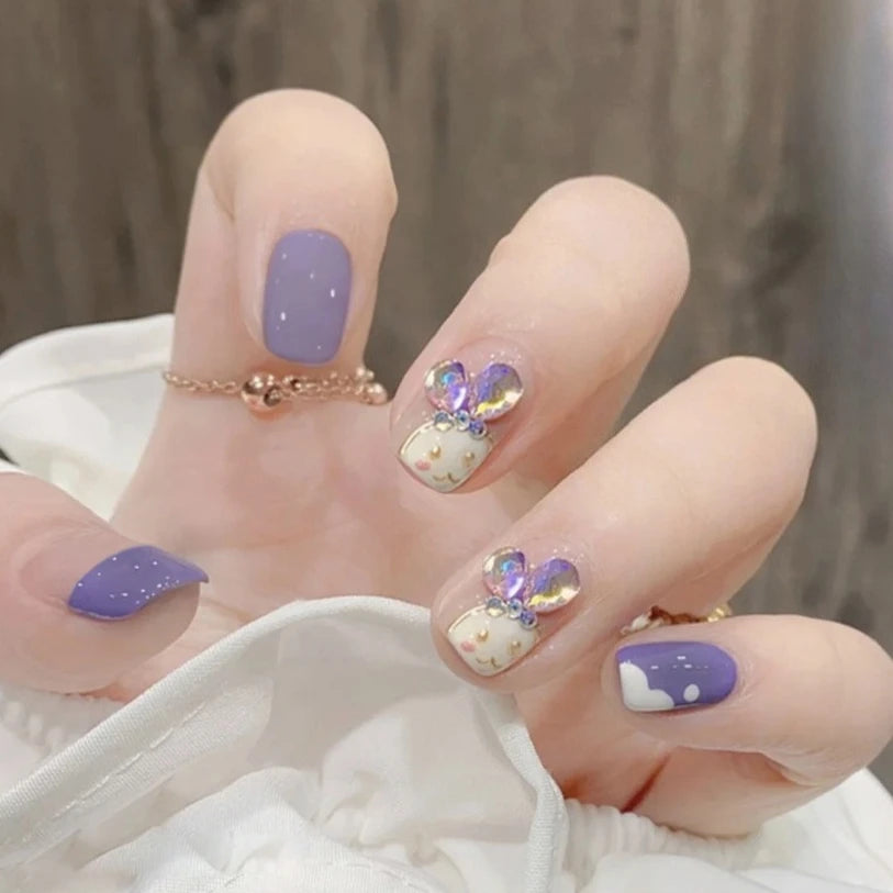 24pcs Detachable Short Press on Nails Y2k rhinestone False Nails with Glue Ballet Sweet Cool Girls Artificial False Nails Tips