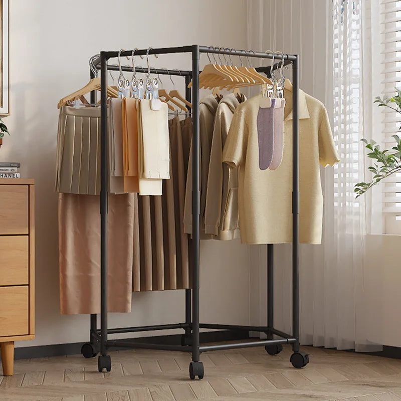 Hexagonal Rotating Clothes Rack on Wheels - Sturdy 16mm Metal Tube Freestanding, Space Saving Vertical Hanger for Dresses