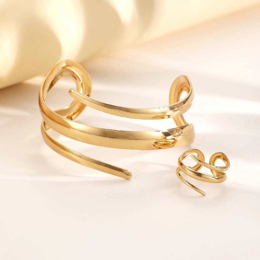 European And American Thick Bracelet And Ring Jewelry Set For Women Gold Color Geometric Line Bracelet Ring Combination Set Gift