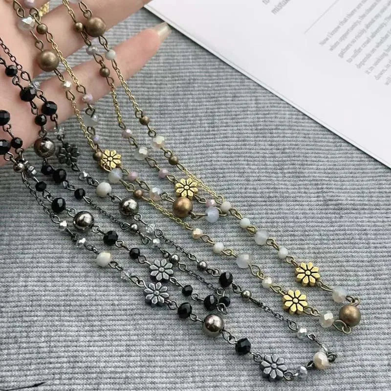 Vintage Double Layered Flower Beaded Chains Necklaces for Women Bohemian Ethnic Style Glass Beaded Sweater Chain Jewelry