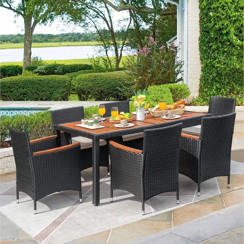 7 PCS Outdoor Patio Dining Set, Outdoor Patio Furniture Set, Rattan Chairs With Large Wood Table For Garden And Yard