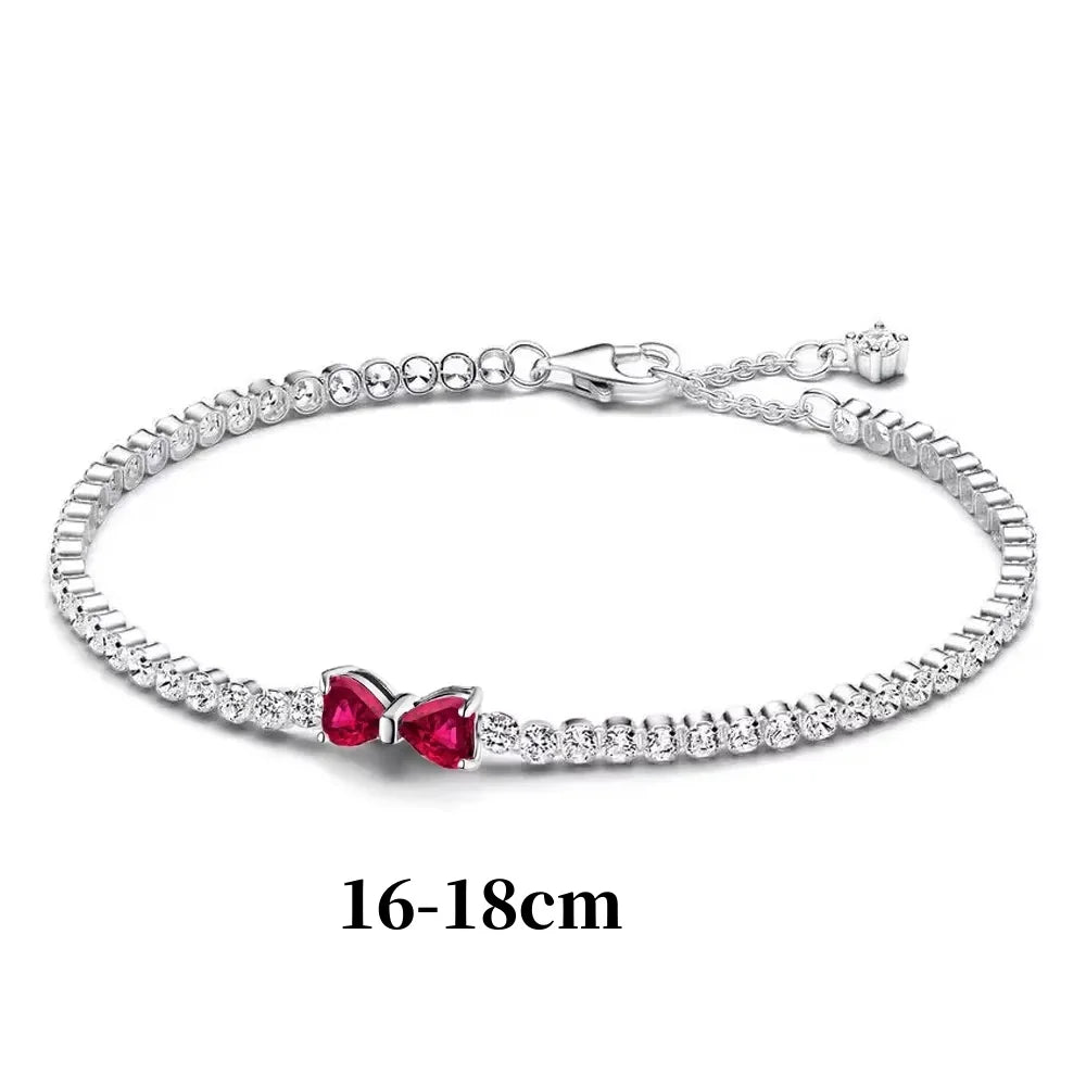 Luxury Original 925 Sterling Silver Necklace Bow Round CZ Red Heart Pendant Necklace Charm Women Classic DIY Gift Making