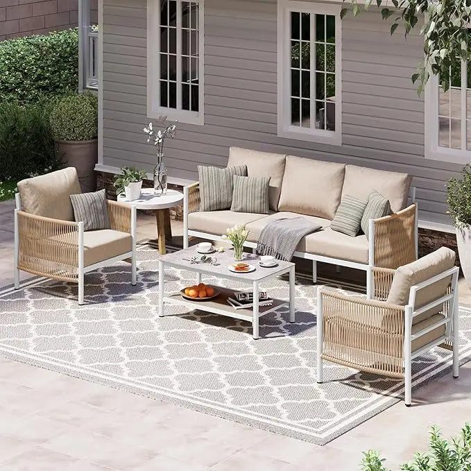 Aluminum Outdoor Patio Furniture Set, HDPE Rope 4 Piece Modern Sectional Conversation Sets with Dual-Layer Coffee Table