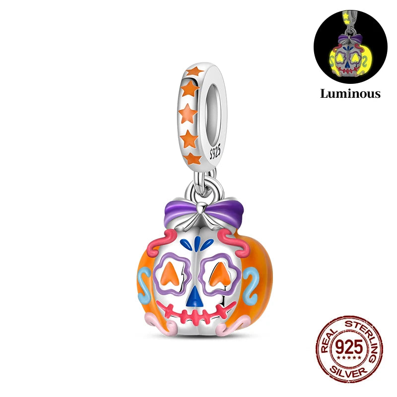 2025 Hot Sale Halloween Charms Bead 925 Sterling Silver Luminous Pumpkin Ghost Dangle Fit Bangle Bracelet Necklace DIY Jewelry