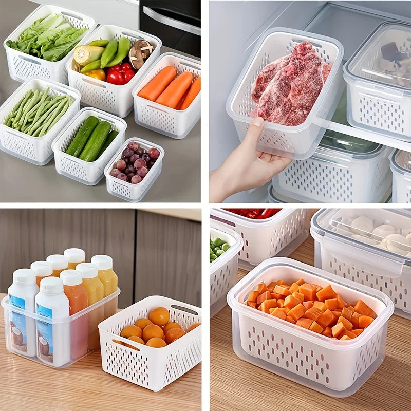 Plastic Food Storage Container with Drainage Basket and Lids, Fridge-Safe, Reusable Kitchen Organizer, Refrigerator Storage Box