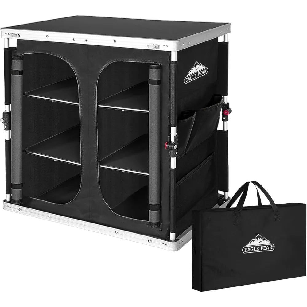 Double Outdoor Folding Camping Table with Large 3-Tier Storage Organizer and Side Pockets, Easy Set Up Portable Aluminum