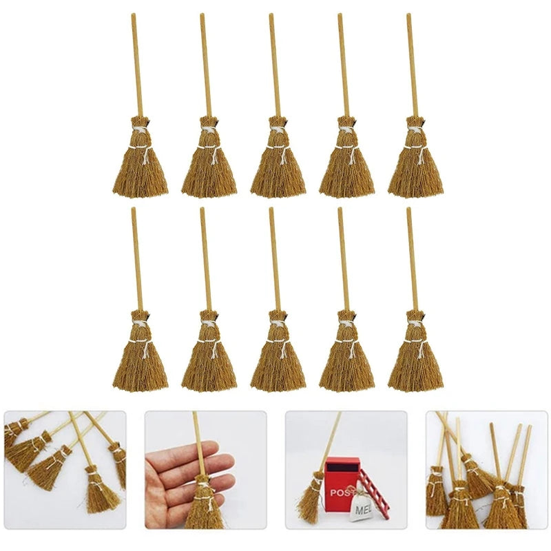 10PCS Mini Broom Witch Straw Brooms DIY Hanging Ornaments for Halloween Party Decoration Costume Props Dollhouse Accessories