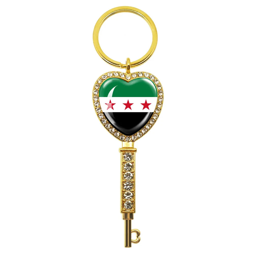SKY FLAG Syria Flag National Keychain Glass Cabochon Heart-Shape Pendant Keychain For Women Men Charm Fashion Jewelry Gift