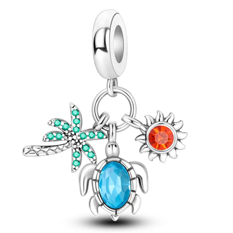 Fashion 925 Sterling Silver Summer Ocean World Series Sea Turtle Starfish Crab Octopus Charms Beads Fit 925 Bracelet DIY Jewelry