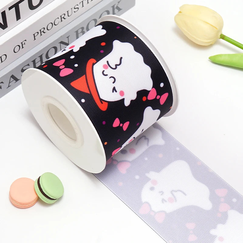 5 Yards Bat Spider Halloween Printed Grosgrain Satin Ribbons For Bows DIY Craft Decoration Packaging Supplies. 85110